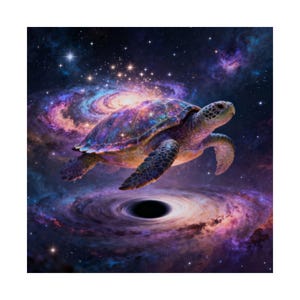 May include: A digital art print featuring a sea turtle swimming through a vibrant galaxy. The turtle's shell is a mosaic of colors, set against swirling nebulae in shades of purple, blue, and pink, with a black hole below.