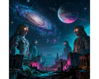 Poster mit antiken Statuen und Galaxienruinen