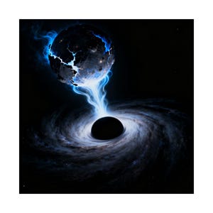 May include: Digital artwork showing a celestial event. A dark planet with blue energy is connected to a black hole by a stream of bright blue energy. The black hole is surrounded by a swirling galaxy of stars and dust.