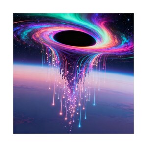 May include: A digital illustration of a black hole in space. The black hole is surrounded by a swirling vortex of vibrant colors, including pink, purple, blue, and green. Streams of light emanate from the vortex, extending towards the planet below.