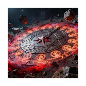 May include: A detailed illustration of a circular, metallic object with a central star design and surrounding symbols. The object is surrounded by red glowing energy and floating rocks, set against a dark, starry background. The word "IMPERIAL" is visible.