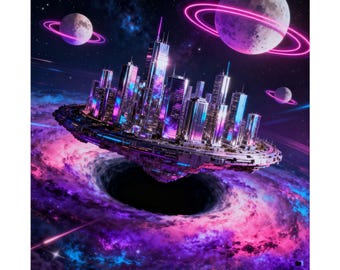 Neon-Poster einer utopischen Stadt – Retro-futuristische Science-Fiction-Kunst