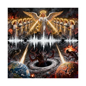 May include: An artistic depiction of a celestial battle. Angels with halos and wings are armed with rifles, facing a demonic underworld. The artwork features a sound wave graphic, planets, and a fiery hellscape.