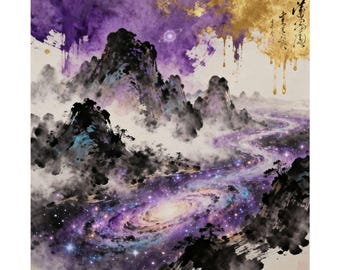 Kosmischer Bergfluss Kunstdruck – Galactic Chinese Ink Wash