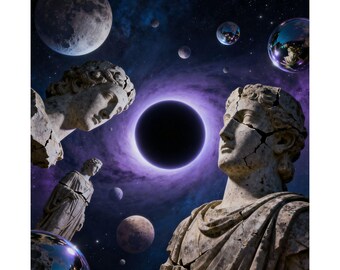 Poster „Kosmische Finsternis mit römischen Statuen“ | Mattes, vertikales Wandbild