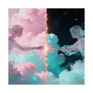 Puede incluir: Una obra de arte etérea representa dos figuras que se extienden la mano a través de una división dorada. Un lado presenta nubes rosas, el otro un cielo estrellado. Las figuras son translúcidas, con cabello y vestiduras fluidas.