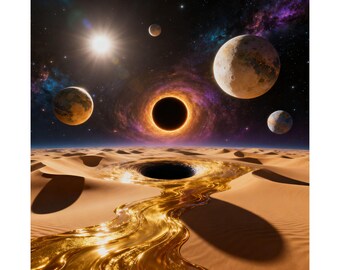 Surreales Wüsten-Weltraum-Motiv – Mattes Poster | Schwarzes Loch, Planeten, Goldener Fluss