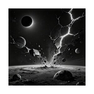 May include: A black and white digital art piece depicting a cosmic scene. A large planet is breaking apart, with lightning-like cracks and floating debris. Several other planets and celestial bodies are scattered throughout the dark, starry background.