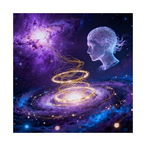 Puede incluir: Obra de arte digital que representa una galaxia en tonos azules y morados. Una espiral luminosa conecta una nebulosa con una cabeza humana translúcida. La imagen sugiere temas de conciencia y el universo.