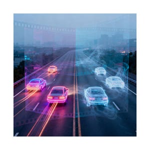 Könnte beinhalten: Eine künstlerische Darstellung von Autos, die bei Dämmerung auf einer Autobahn fahren. Die Autos sind mit Neonfarben umrandet, was eine futuristische und energiegeladene Optik erzeugt. Das Bild hat eine filmische Atmosphäre mit Lichtspuren.