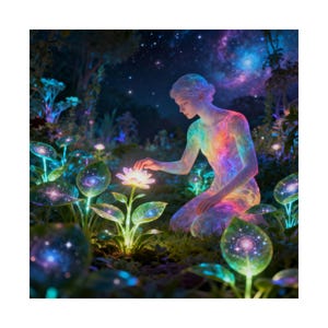 Puede incluir: Obra de arte digital que representa una figura con cuerpo de arcoíris arrodillada en un jardín. El jardín presenta plantas brillantes con patrones de galaxias en las hojas y flores. El fondo muestra un cielo estrellado.