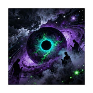 Può includere: Illustrazione digitale artistica di un occhio cosmico con pupilla nera e iride verde vibrante, su uno sfondo di nebulose viola e nere. Figure silhouette sono posizionate attorno all'occhio.
