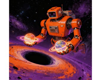 Oranger Weltraumroboter mit Planeten – Mattes Poster | Sci-Fi-Wandbild