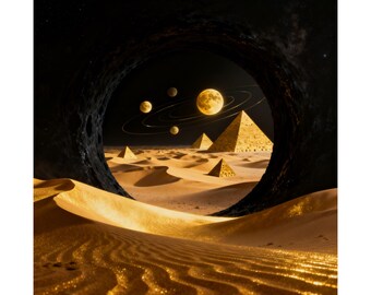 Goldene Wüstenplaneten – Mattes Hochformatposter | Pyramidenförmige kosmische Landschaft
