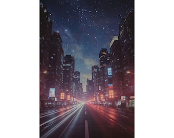 Neon Astral City Poster - Futuristic Cyberpunk Night Street Art Print