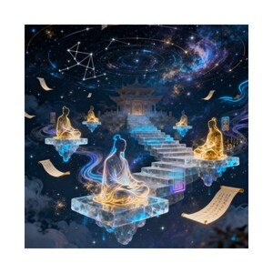 Puede incluir: Ilustración digital de una escena celestial con figuras meditando. Las figuras están iluminadas en oro, sentadas en plataformas flotantes. Una escalera conduce a un edificio tradicional, todo sobre un fondo de galaxia estrellada y arremolinada. Los pergaminos flotan.