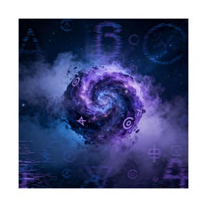 May include: A digital art piece depicting a swirling galaxy in shades of purple and blue, surrounded by nebulous clouds. Symbols and letters float around the central vortex, creating a cosmic and ethereal scene.