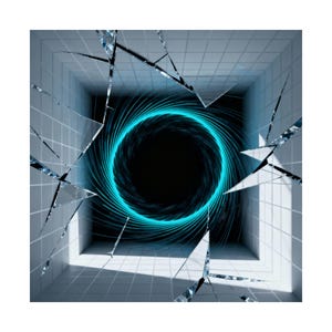 Puede incluir: Una obra de arte digital abstracta que presenta un vórtice negro con una espiral azul brillante en su centro. El vórtice está enmarcado por una estructura de azulejos blancos, con cristales rotos que rodean la abertura, creando una sensación de profundidad y misterio.