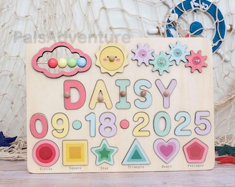 May include: Wooden puzzle board with the name "DAISY" and the date "09-18-2025" in colorful letters and numbers. Includes shapes like a circle, square, star, triangle, heart, and pentagon. Features a cloud, sun, and gears.