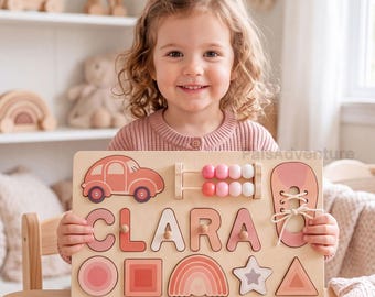 Personalized Wooden Name Puzzle, First Birthday Baby Gift, Custom Kids Toy, Shapes & Abacus