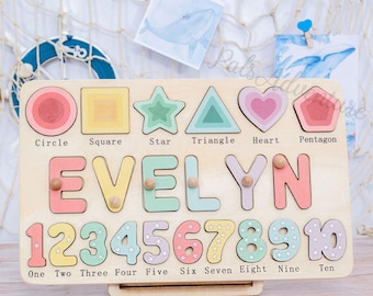 Aangepaste handgemaakte naampuzzel met geometrie, houten speelgoed, gepersonaliseerd verjaardagscadeau voor kinderen, kerstcadeaus voor peuters, uniek nieuw babycadeau