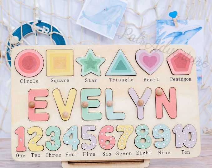 Custom Handmade Name Puzzle with geometry, Wood Toy, Personalized Birthday Gift for Kids, Christmas Gifts for Toddlers, Unique New Baby Gift