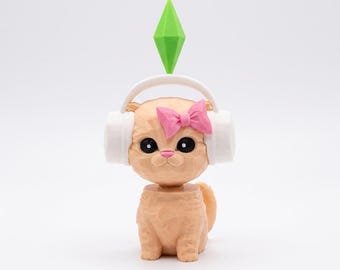 Wobbly Head Cat Figure | Gaming Kitty, Headphones, Plumbob (3D Printed)