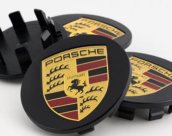 Porsche Center Caps – Set of 4 Gloss Black Silver Wheel Emblems for Porsche.