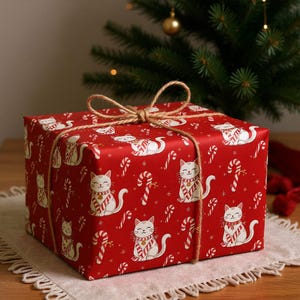 May include: A wrapped gift box featuring red wrapping paper with a repeating pattern of white cats wearing scarves and candy canes. The box is tied with twine and sits on a white cloth, with a Christmas tree in the background.