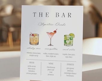 Plantilla de menú de bar de bodas editable / Letrero imprimible con bebida de autor / Clipart de menú de bar incluido