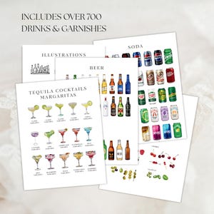 Puede incluir: Una colecci&oacute;n de ilustraciones de bebidas y guarniciones. Las ilustraciones incluyen c&oacute;cteles de tequila, margaritas, cerveza, refrescos y guarniciones. El texto en las ilustraciones dice: "INCLUYE M&Aacute;S DE 700 BEBIDAS Y GUARNICIONES".
