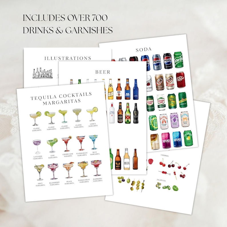 Puede incluir: Una colecci&oacute;n de ilustraciones de bebidas y guarniciones. Las ilustraciones incluyen c&oacute;cteles de tequila, margaritas, cerveza, refrescos y guarniciones. El texto en las ilustraciones dice: "INCLUYE M&Aacute;S DE 700 BEBIDAS Y GUARNICIONES".