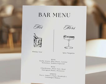 Editable His And Her Drinks Menu | Printable Wedding Bar Menu Sign Template | Drink Clipart Included
