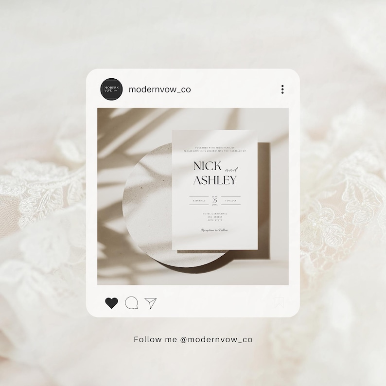 Puede incluir: Una invitaci&oacute;n de boda minimalista con los nombres "Nick and Ashley" en una fuente limpia. La invitaci&oacute;n est&aacute; sobre un fondo neutro con sombras sutiles. La fecha "25" se muestra. El texto "Follow me @modernvow_co" est&aacute; en la parte inferior.