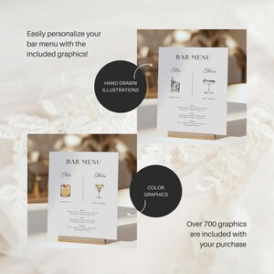 Puede incluir: Tarjetas de men&uacute; de bar blancas con soportes dorados. Las tarjetas presentan el texto "BAR MENU" e ilustraciones de c&oacute;cteles. La imagen incluye el texto "&iexcl;Personaliza f&aacute;cilmente tu men&uacute; de bar con los gr&aacute;ficos incluidos!" y "M&aacute;s de 700 gr&aacute;ficos est&aacute;n incluidos con tu compra."