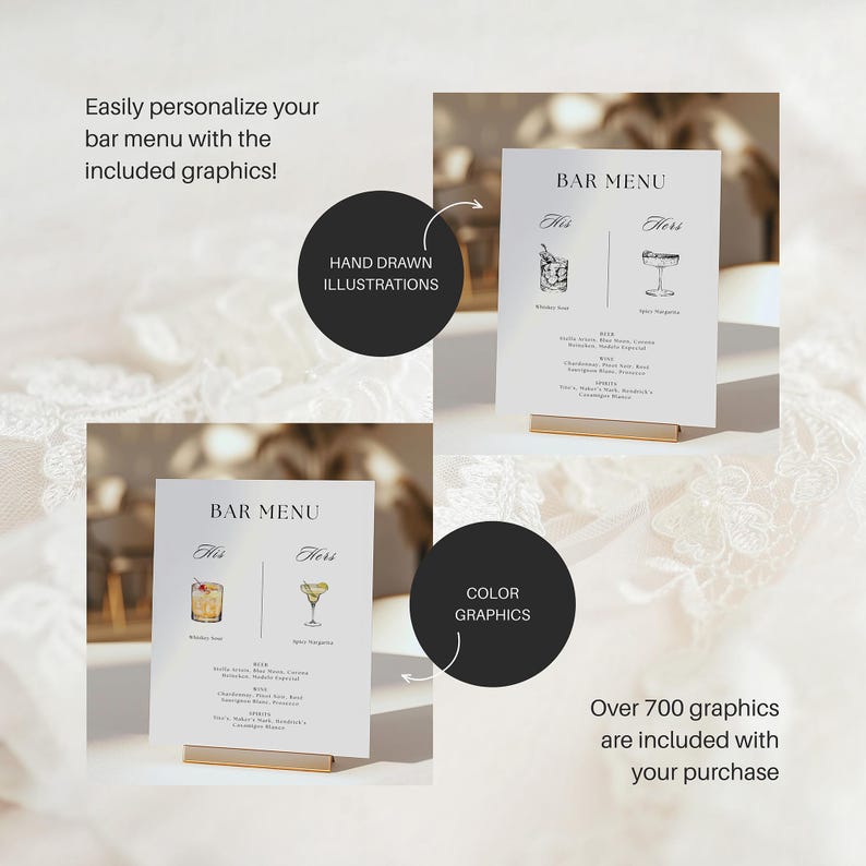 Puede incluir: Tarjetas de men&uacute; de bar blancas con soportes dorados. Las tarjetas presentan el texto "BAR MENU" e ilustraciones de c&oacute;cteles. La imagen incluye el texto "&iexcl;Personaliza f&aacute;cilmente tu men&uacute; de bar con los gr&aacute;ficos incluidos!" y "M&aacute;s de 700 gr&aacute;ficos est&aacute;n incluidos con tu compra."