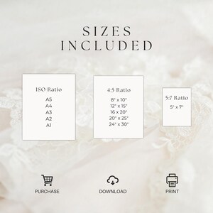 Puede incluir: Una gu&iacute;a de tama&ntilde;os de impresi&oacute;n digital con el texto "SIZES INCLUDED". La gu&iacute;a muestra tres opciones de relaci&oacute;n de tama&ntilde;o: ISO, 4:5 y 5:7, con las dimensiones correspondientes en cent&iacute;metros. Los iconos de compra, descarga e impresi&oacute;n est&aacute;n en la parte inferior.