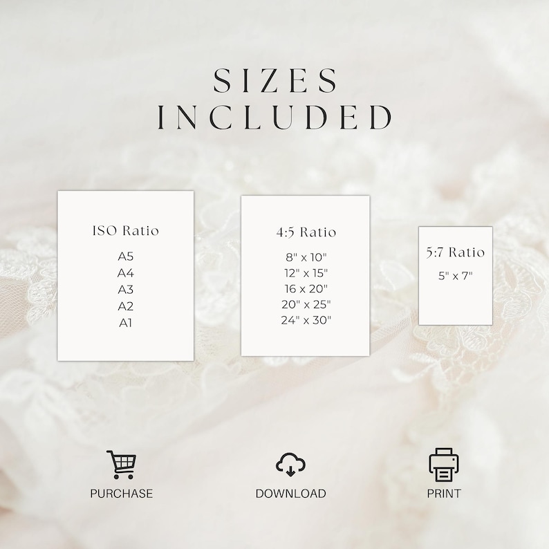 Puede incluir: Una gu&iacute;a de tama&ntilde;os de impresi&oacute;n digital con el texto "SIZES INCLUDED". La gu&iacute;a muestra tres opciones de relaci&oacute;n de tama&ntilde;o: ISO, 4:5 y 5:7, con las dimensiones correspondientes en cent&iacute;metros. Los iconos de compra, descarga e impresi&oacute;n est&aacute;n en la parte inferior.