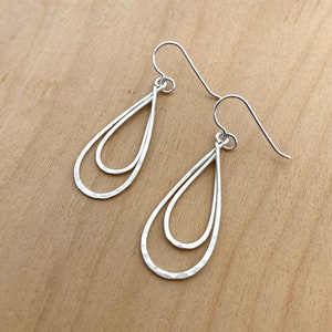 Sterling Silver Teardop Earrings, Hammered Double Loop, Narrow, Medium Length