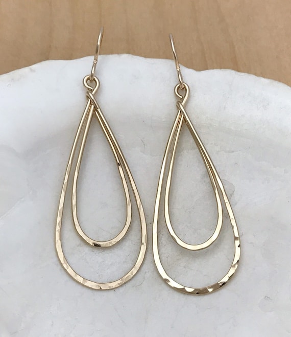 14k Gold Filled Large Double Teardrop Earrings, Hammered Texture