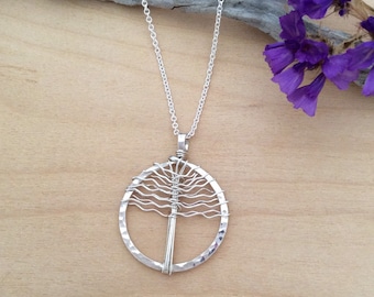 Tree of Life Pendant Sterling Silver Circle, Hammered Texture