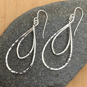 Sterling Silver Teardrop Earrings, Pointed Oval, Hammered Silver, Medium Length