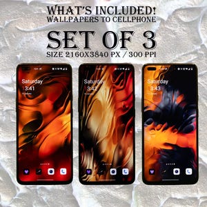 May include: Set of 3 smartphone wallpapers with abstract designs in shades of orange, red, and black. The screens display the time and date. The text at the top reads "WHAT'S INCLUDED! WALLPAPERS TO CELLPHONE" and "SET OF 3 SIZE 2160X3840 PX / 300 PPI".