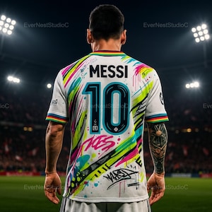 May include: A white soccer jersey with the name "MESSI" and the number "10" in black. The jersey has colorful paint-like strokes in neon green, pink, and blue. The sleeves have rainbow trim. The jersey is worn by a person.