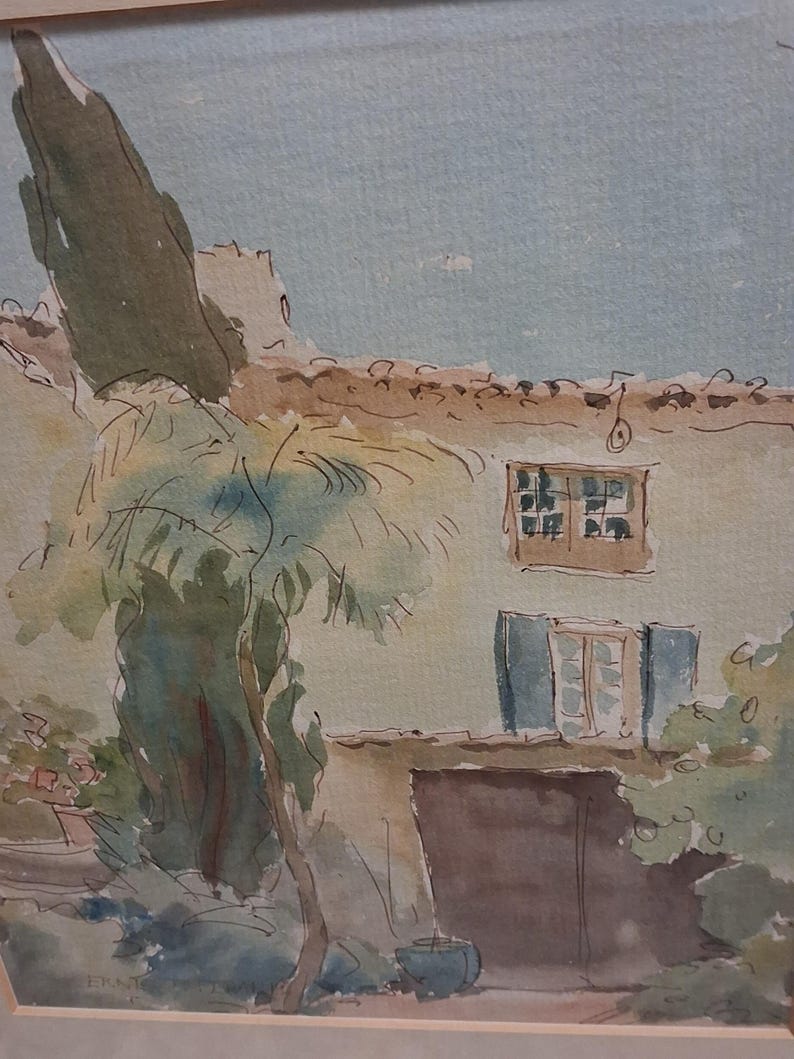Vintage Original Painting British Artisr Ernest Fedarb 32x37 cm, watercolour with ink, signed, framed image 5