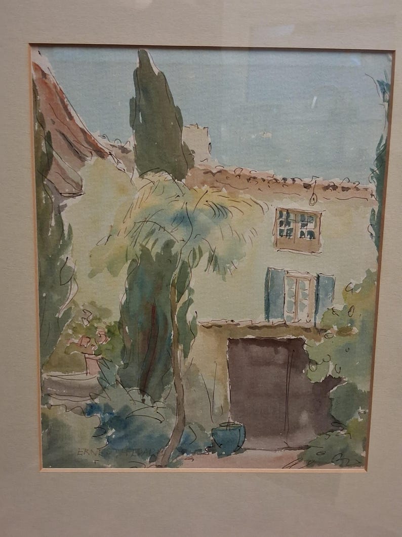 Vintage Original Painting British Artisr Ernest Fedarb 32x37 cm, watercolour with ink, signed, framed image 6