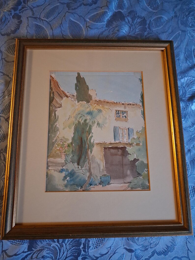 Vintage Original Painting British Artisr Ernest Fedarb 32x37 cm, watercolour with ink, signed, framed image 1