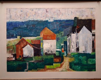 Original Mid-Century Cubist Landscape Painting – H. Buyse Acrylic on Steinbach Paper