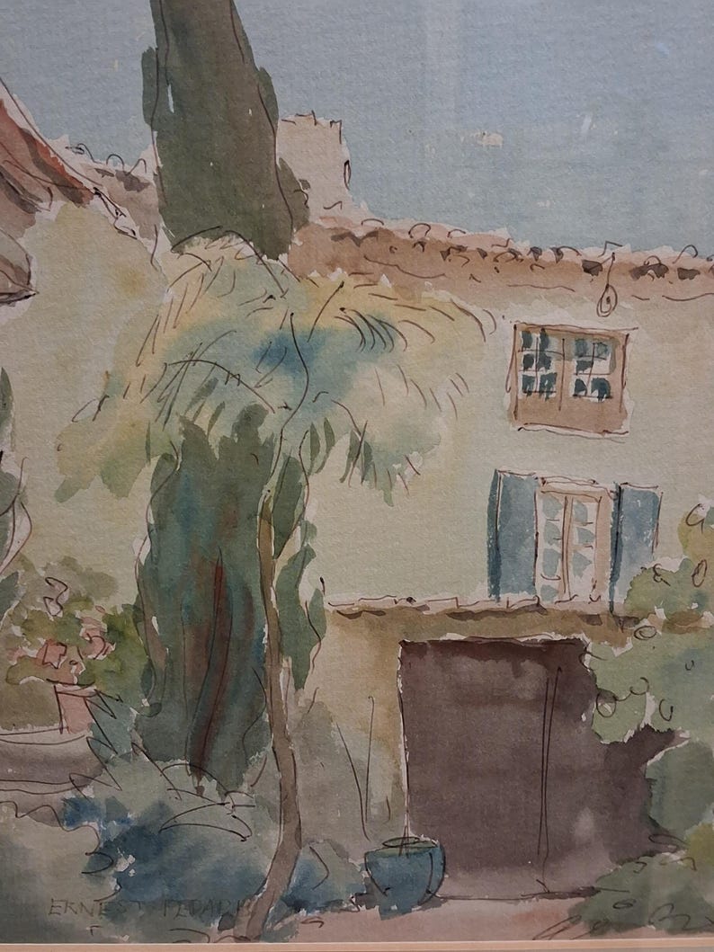 Vintage Original Painting British Artisr Ernest Fedarb 32x37 cm, watercolour with ink, signed, framed image 3