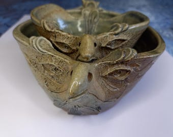 Jennie Hale Salt-Glazed Bird Head Stoneware Bowls, Collectable Ceramic Pair of Bowls, Vintage, Art